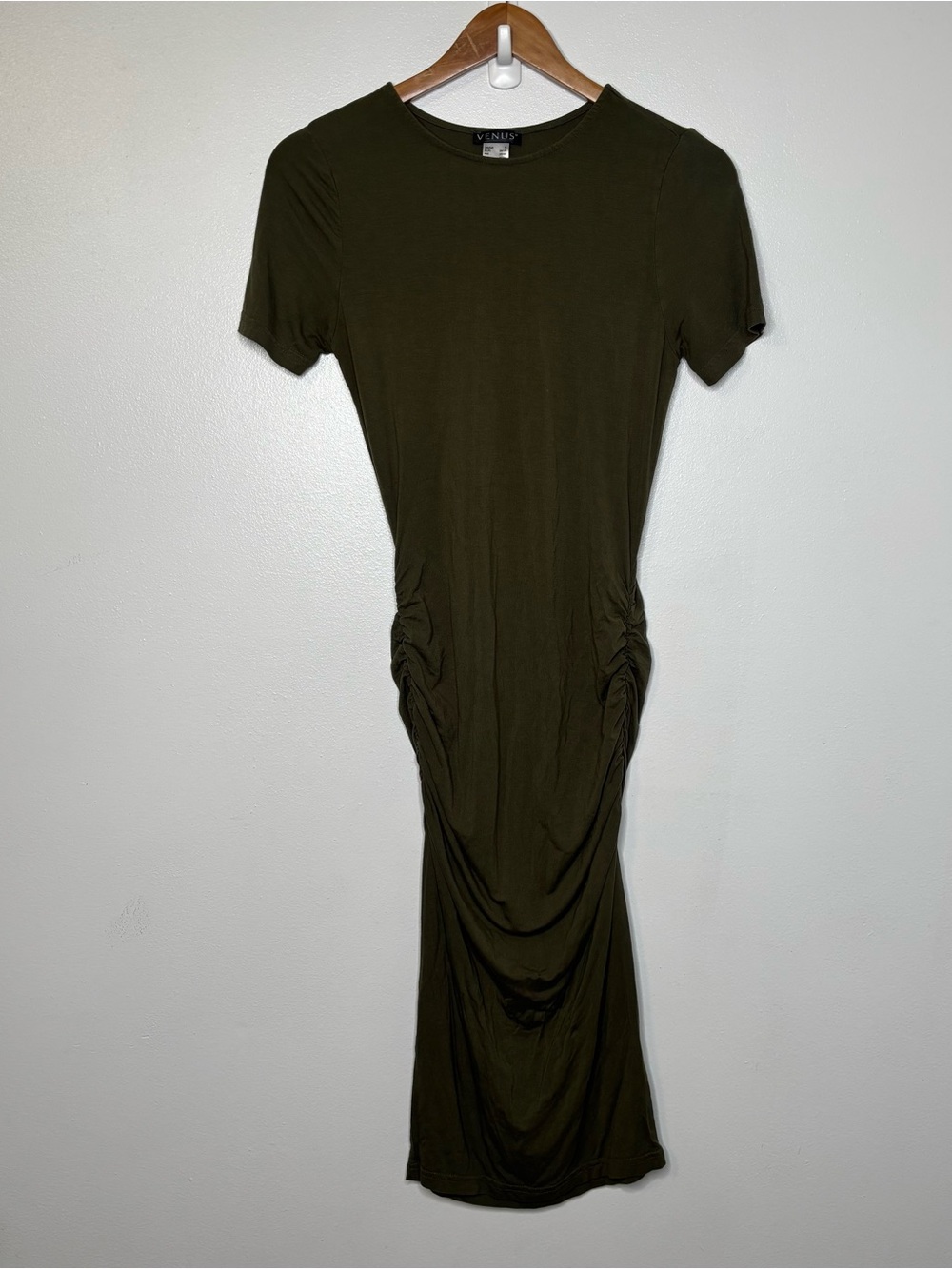 Venus Olive Green Ruched Bodycon Midi Dress Women’s Small Stretch